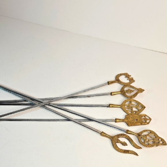 Brass Steel Kebab Skewers VTG Turkish Tarzan Inox Set of 6 Long-Length India - Picture 1 of 10